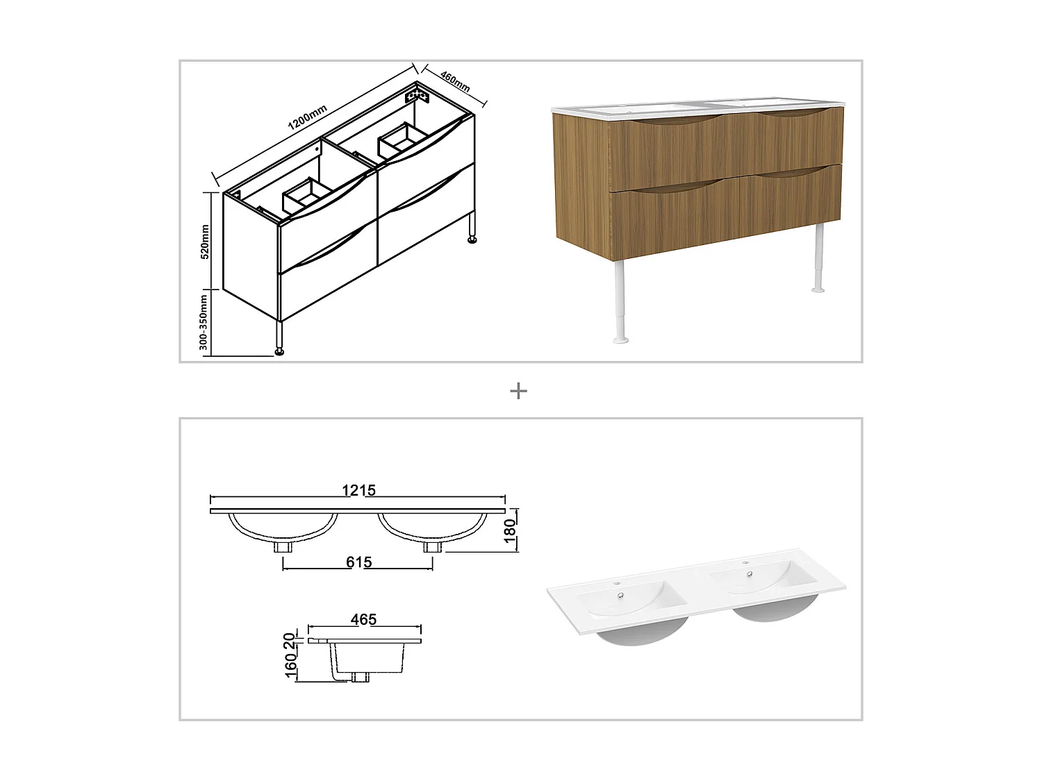 Meuble de salle de bain suspendu 120cm avec pieds + double vasque + 4 tiroirs, Noyer