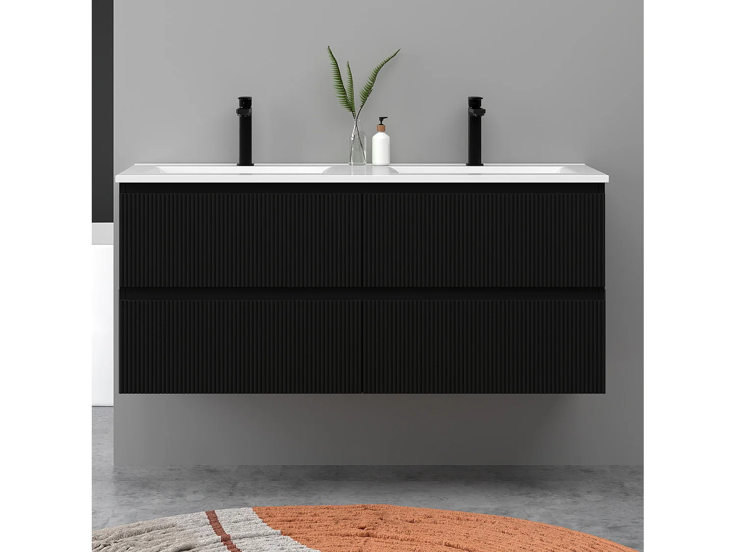 Meuble de salle de bain suspendu Strié 120cm avec double vasque + 4 tiroirs, Noir