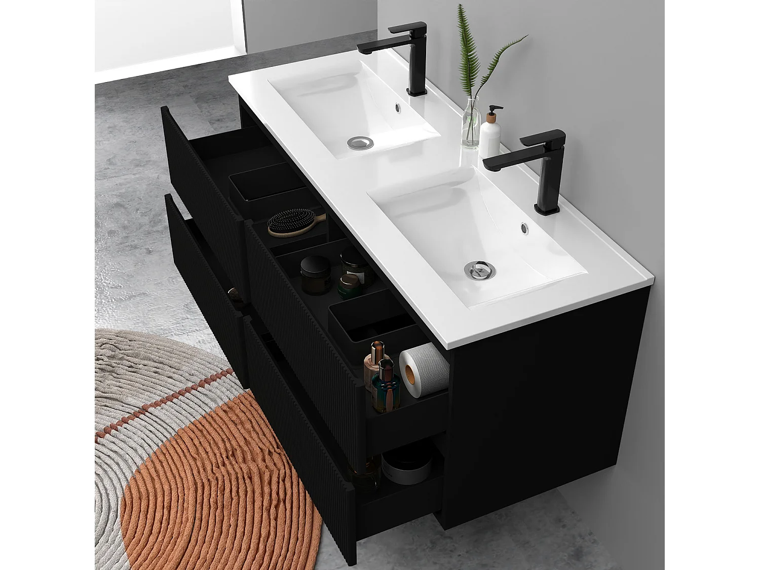 Meuble de salle de bain suspendu Strié 120cm avec double vasque + 4 tiroirs, Noir