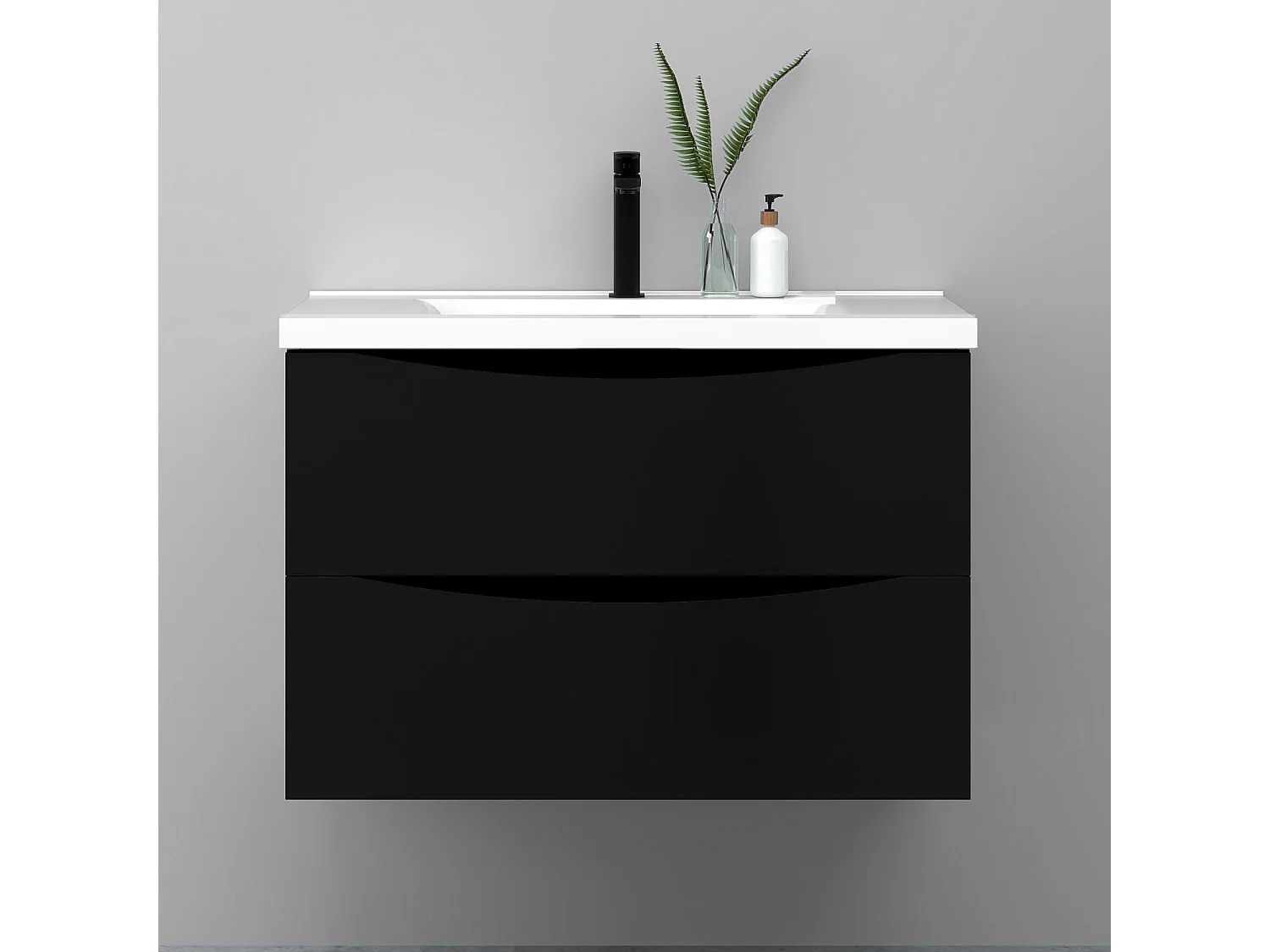 Meuble de salle de bain suspendu 80cm avec simple vasque + 2 tiroirs, Noir