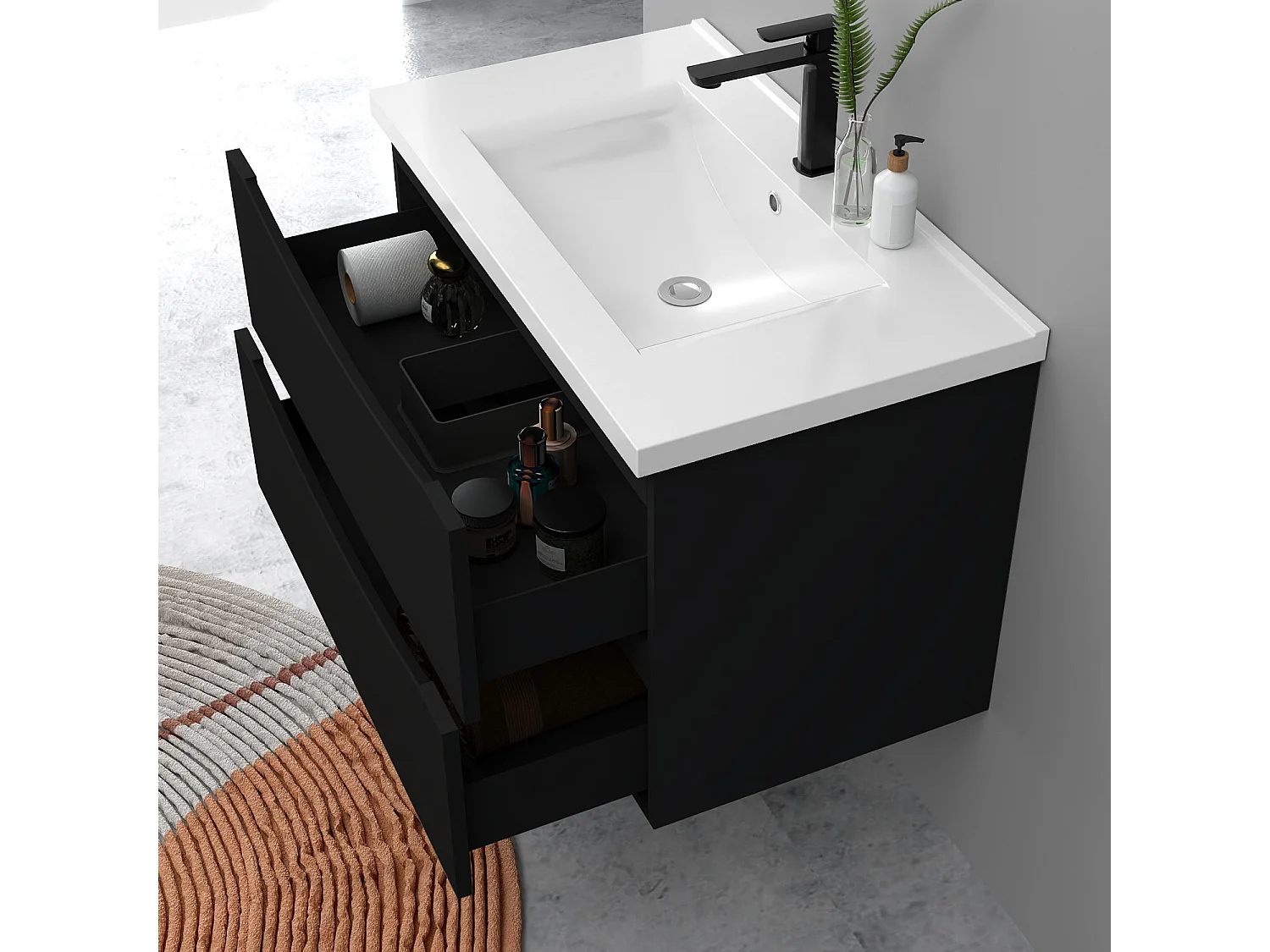 Meuble de salle de bain suspendu 80cm avec simple vasque + 2 tiroirs, Noir