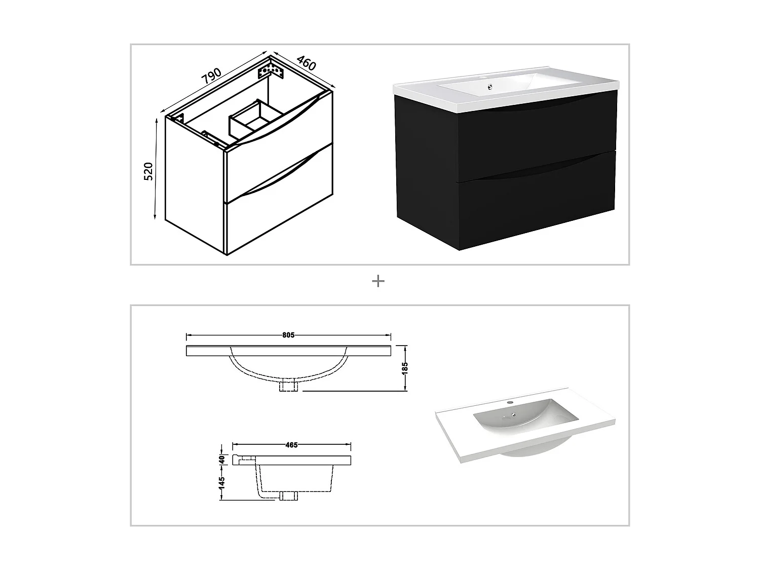 Meuble de salle de bain suspendu 80cm avec simple vasque + 2 tiroirs, Noir