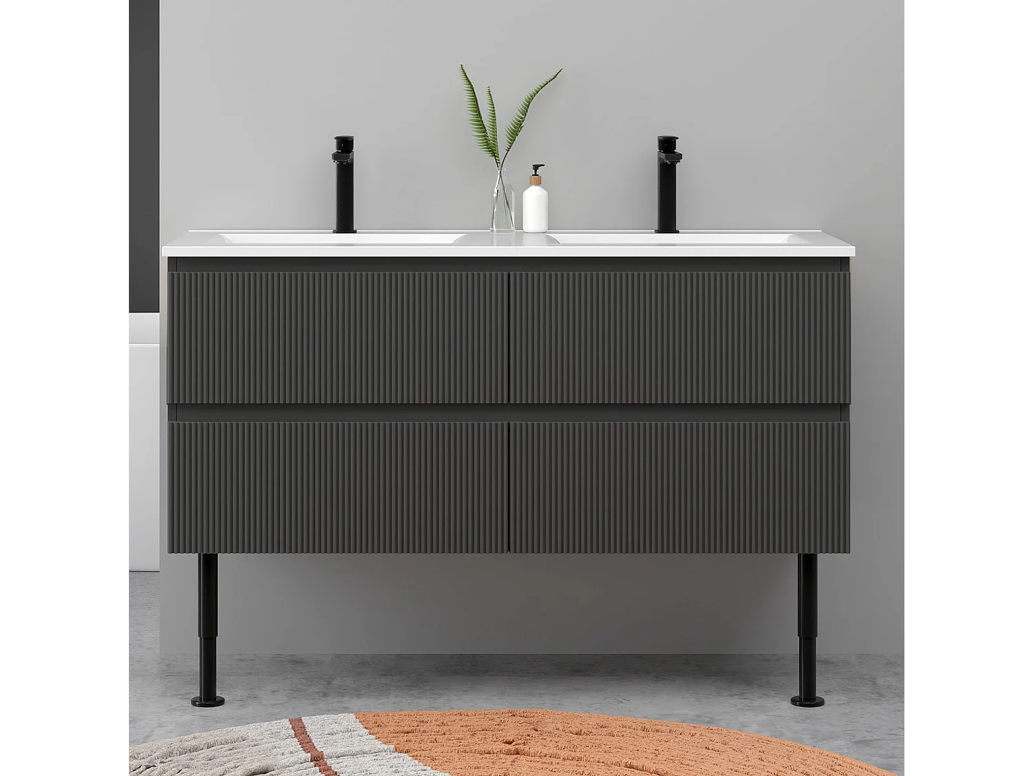 Meuble de salle de bain suspendu Strié 120cm avec pieds + double vasque + 4 tiroirs, Anthracite