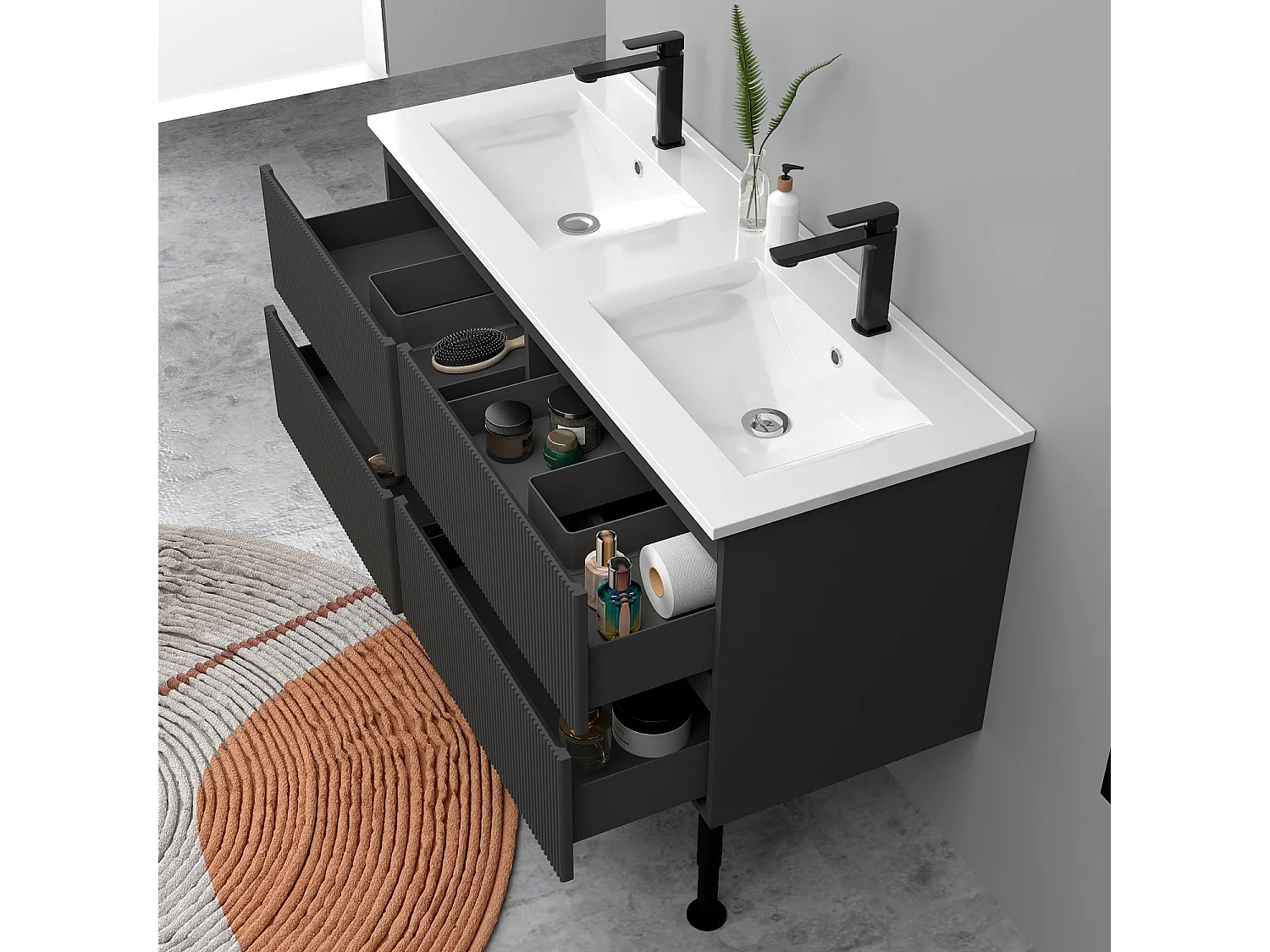 Meuble de salle de bain suspendu Strié 120cm avec pieds + double vasque + 4 tiroirs, Anthracite