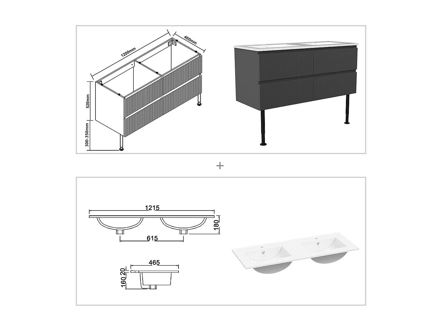 Meuble de salle de bain suspendu Strié 120cm avec pieds + double vasque + 4 tiroirs, Anthracite