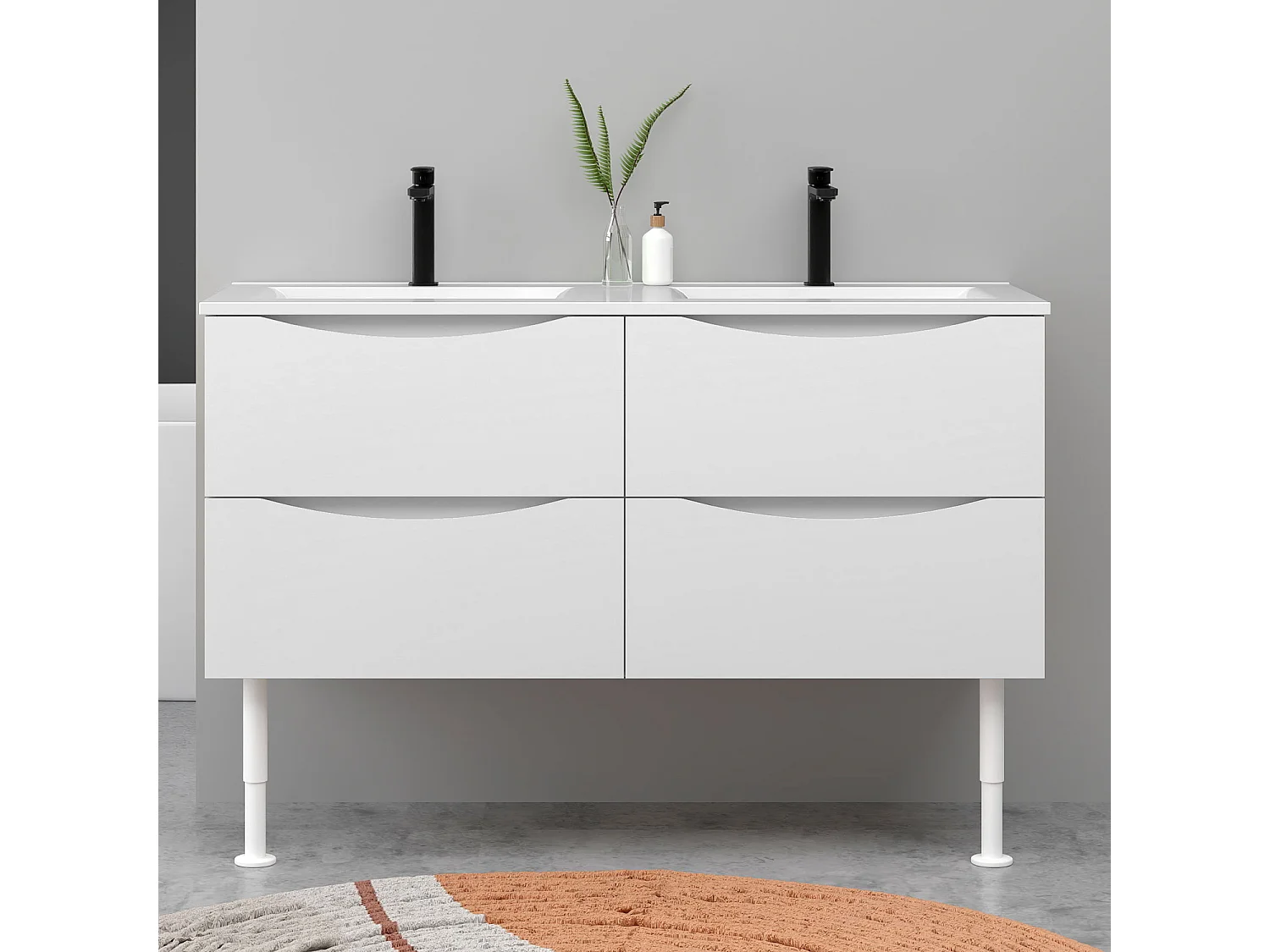 Meuble de salle de bain suspendu 120cm avec pieds + double vasque + 4 tiroirs, Blanc