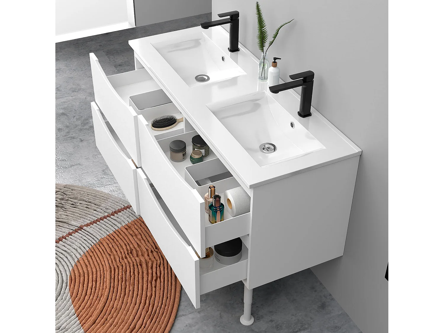 Meuble de salle de bain suspendu 120cm avec pieds + double vasque + 4 tiroirs, Blanc