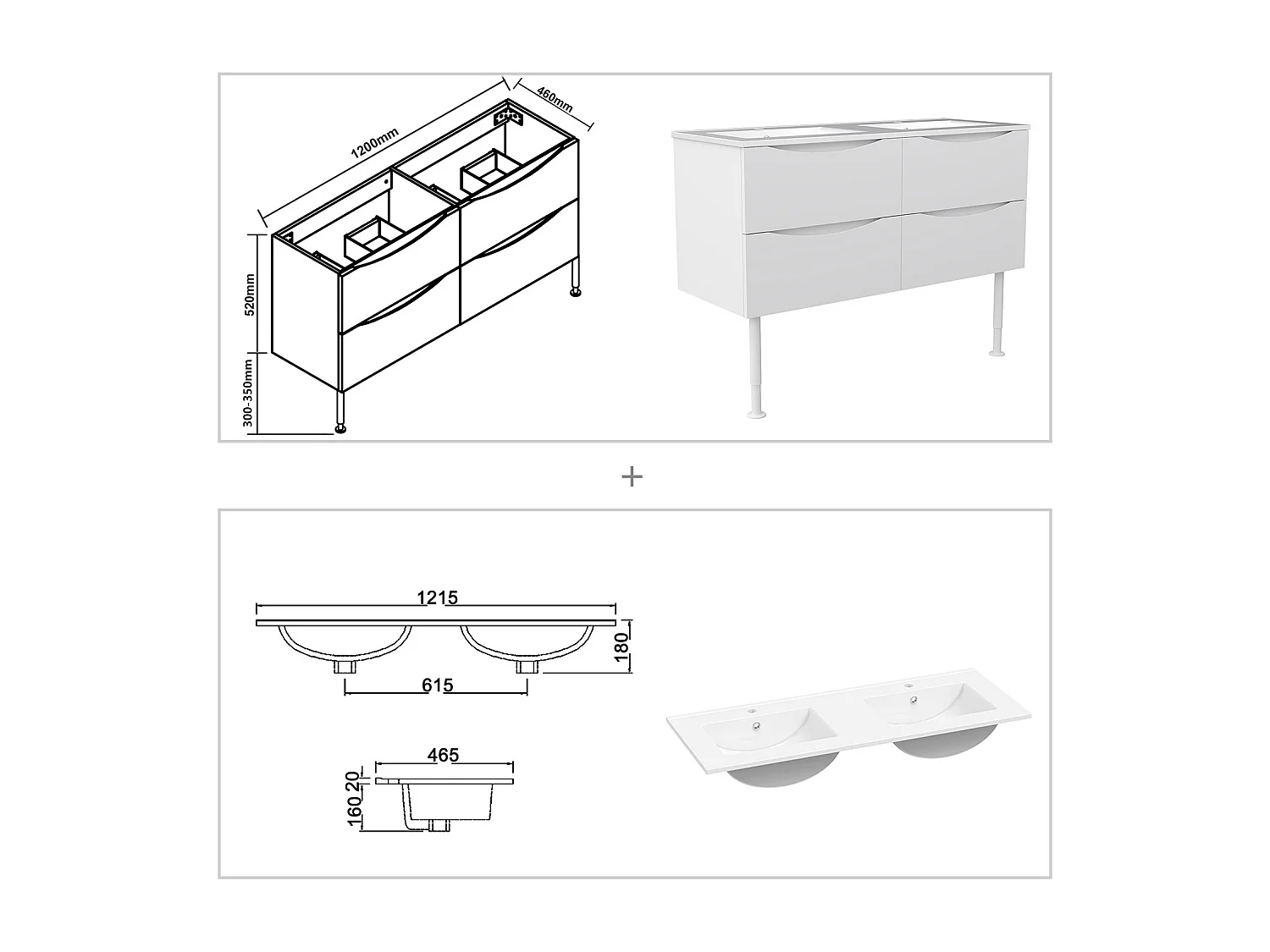 Meuble de salle de bain suspendu 120cm avec pieds + double vasque + 4 tiroirs, Blanc