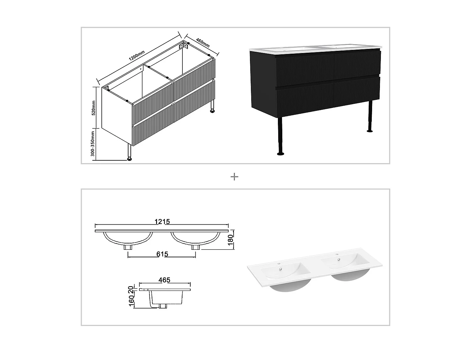 Meuble de salle de bain suspendu Strié 120cm avec pieds + double vasque + 4 tiroirs, Noir