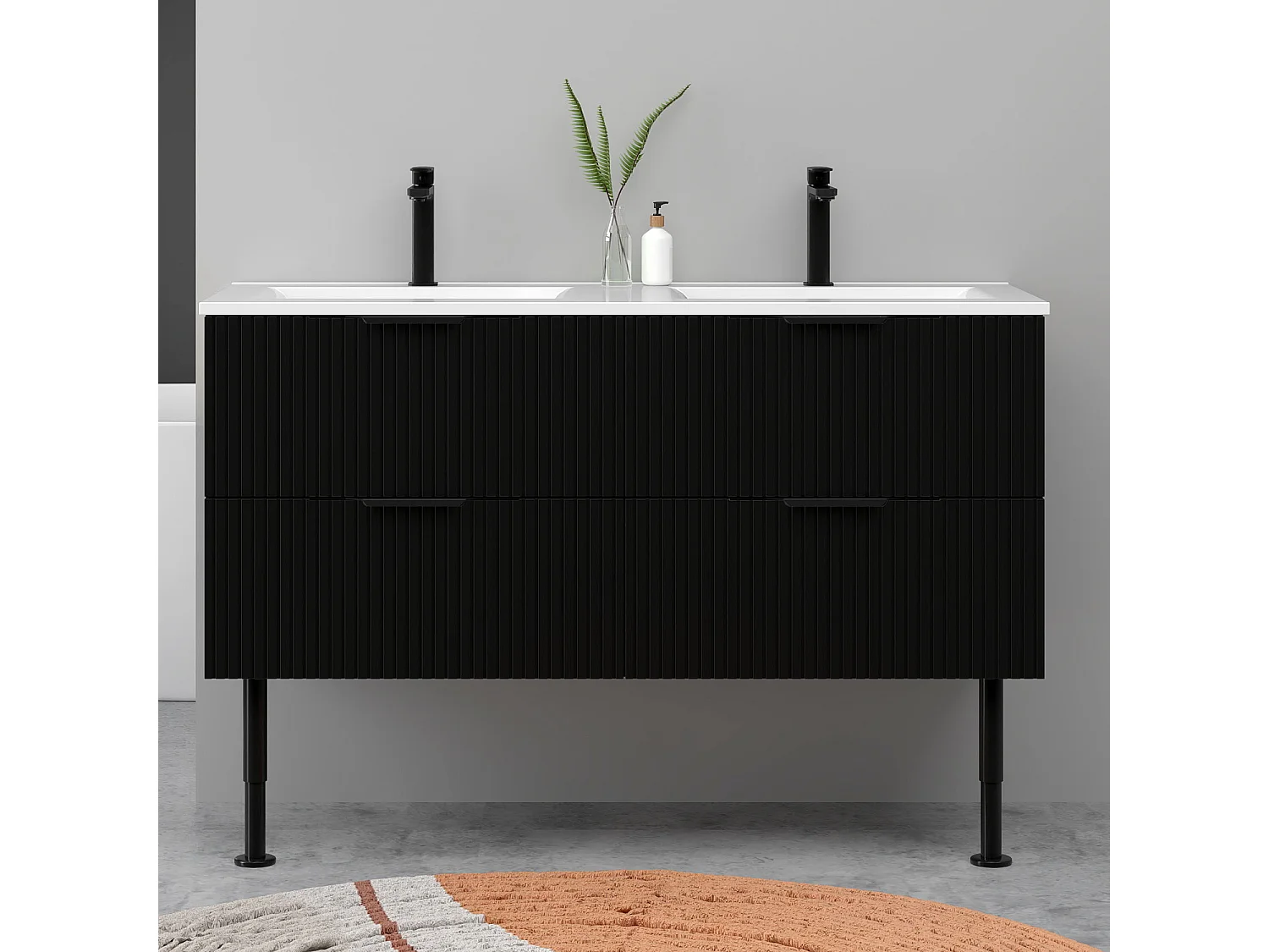 Meuble de salle de bain suspendu Strié 120cm avec pieds + poignées + double vasque + 4 tiroirs, Noir