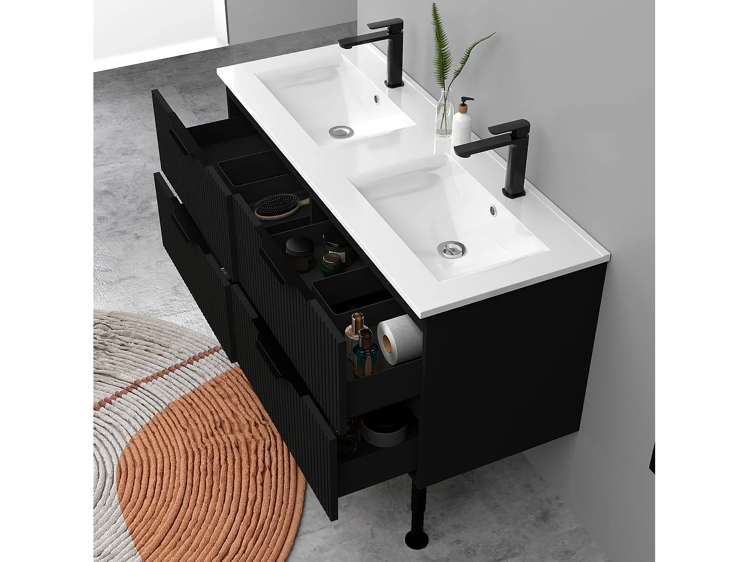 Meuble de salle de bain suspendu Strié 120cm avec pieds + poignées + double vasque + 4 tiroirs, Noir
