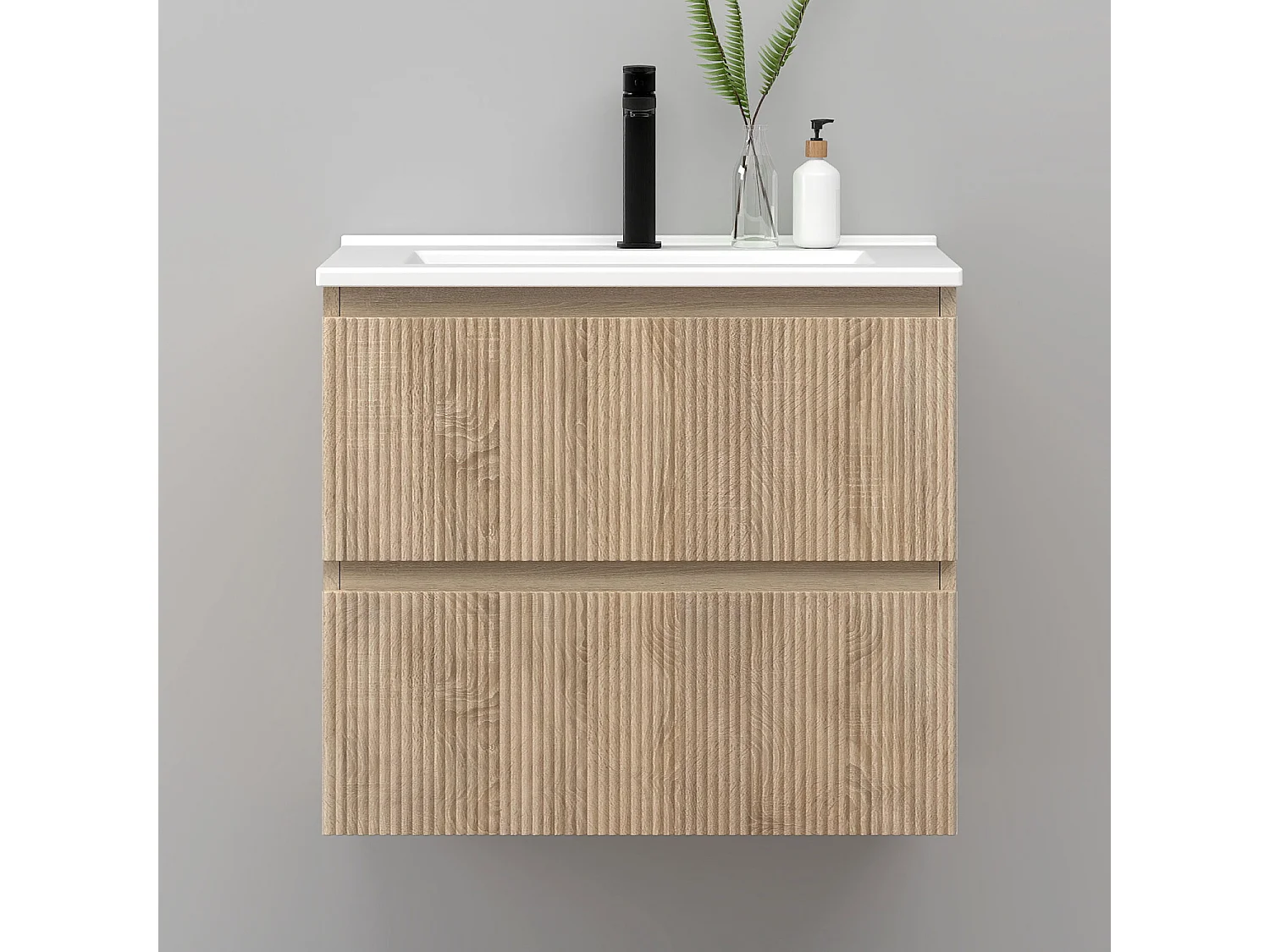 Meuble de salle de bain suspendu Strié 60cm avec simple vasque + 2 tiroirs, Chêne