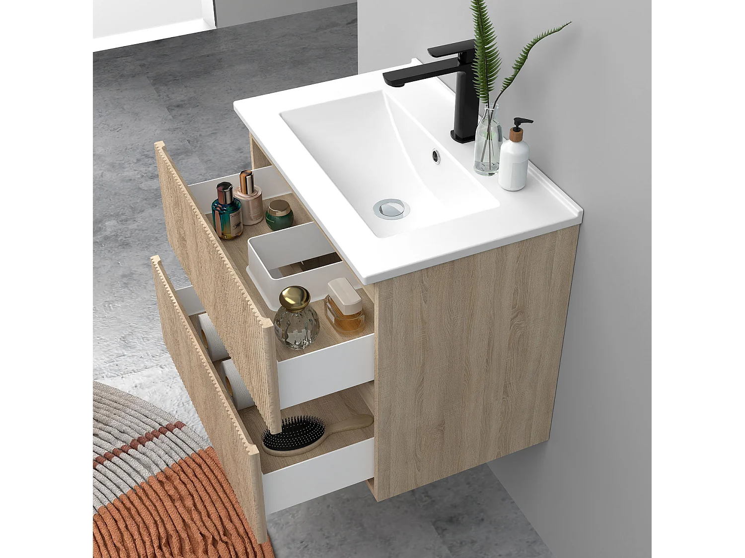 Meuble de salle de bain suspendu Strié 60cm avec simple vasque + 2 tiroirs, Chêne