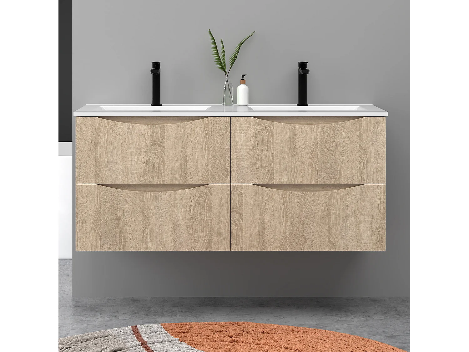 Meuble de salle de bain suspendu 120cm avec double vasque + 4 tiroirs, Chêne