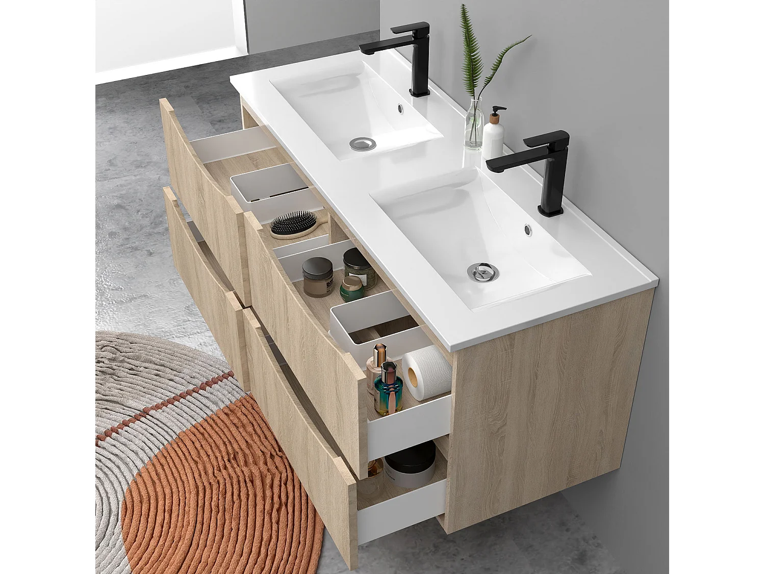 Meuble de salle de bain suspendu 120cm avec double vasque + 4 tiroirs, Chêne