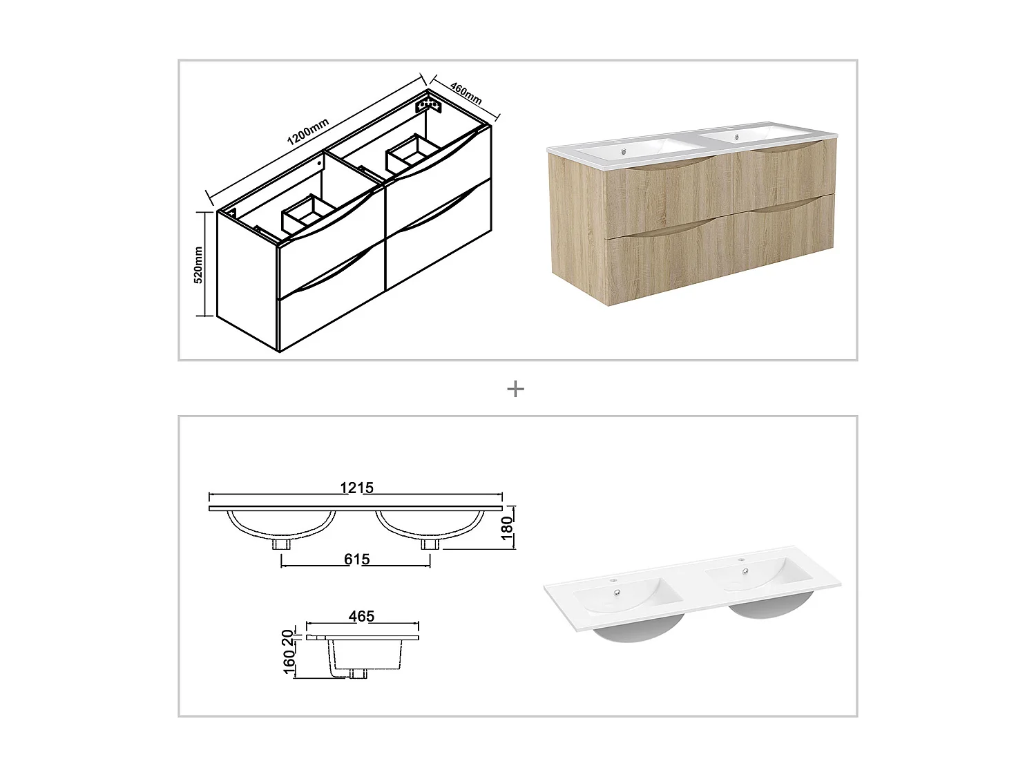 Meuble de salle de bain suspendu 120cm avec double vasque + 4 tiroirs, Chêne