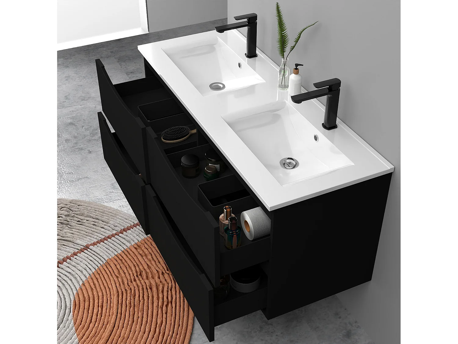 Meuble de salle de bain suspendu 120cm avec double vasque + 4 tiroirs, Noir