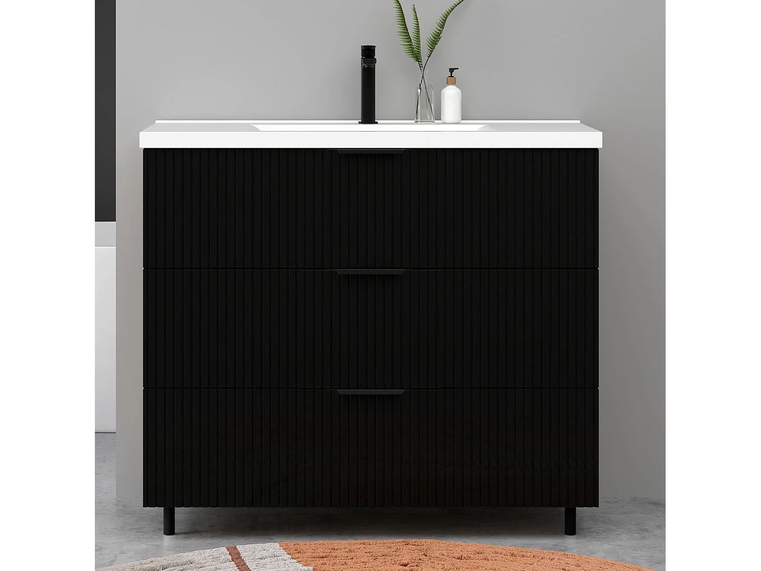 Meuble de salle de bain suspendu Strié 100cm avec poignées + simple vasque + 3 tiroirs, Noir