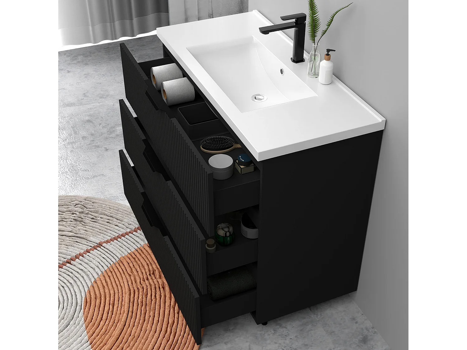 Meuble de salle de bain suspendu Strié 100cm avec poignées + simple vasque + 3 tiroirs, Noir