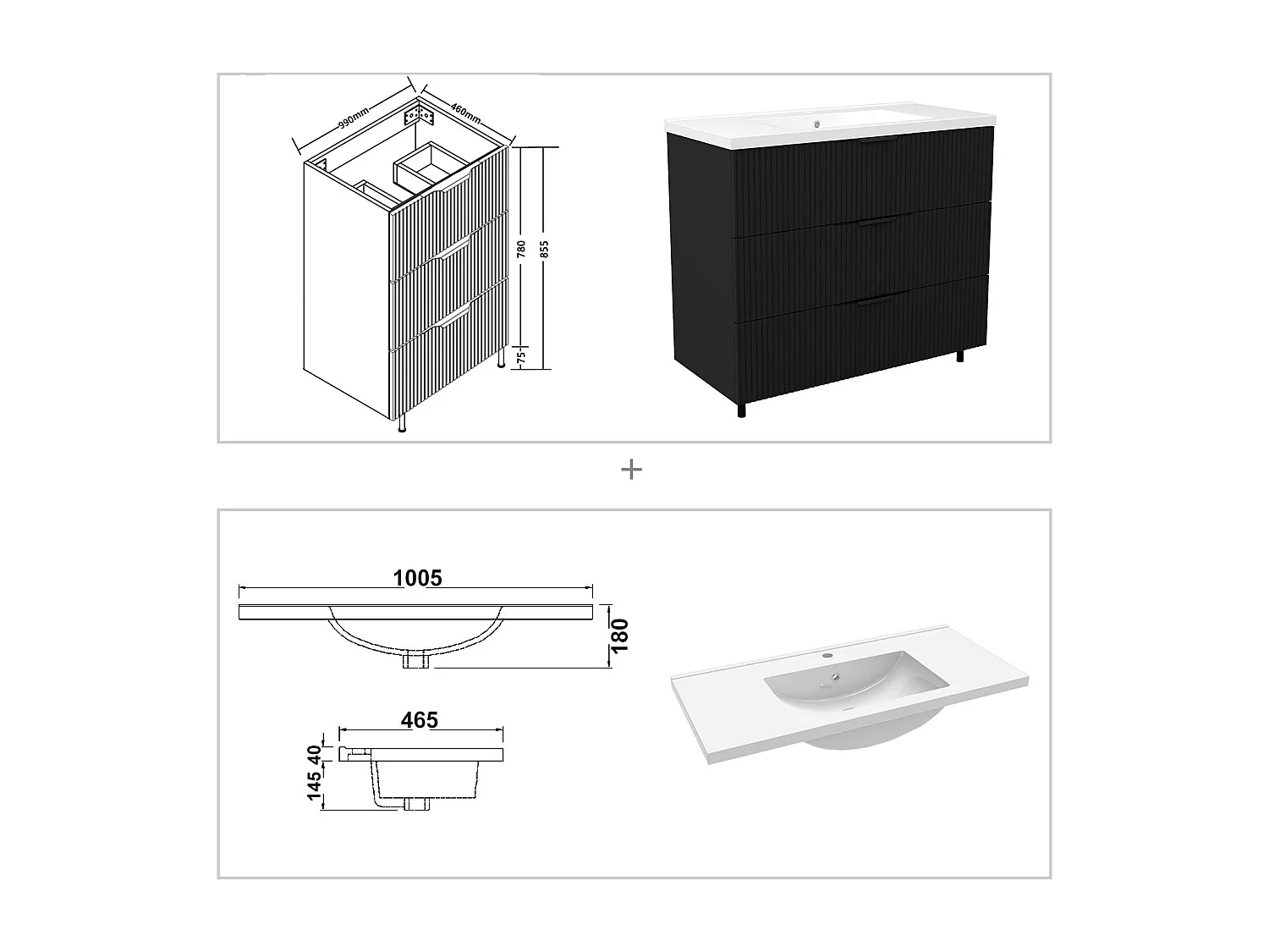Meuble de salle de bain suspendu Strié 100cm avec poignées + simple vasque + 3 tiroirs, Noir
