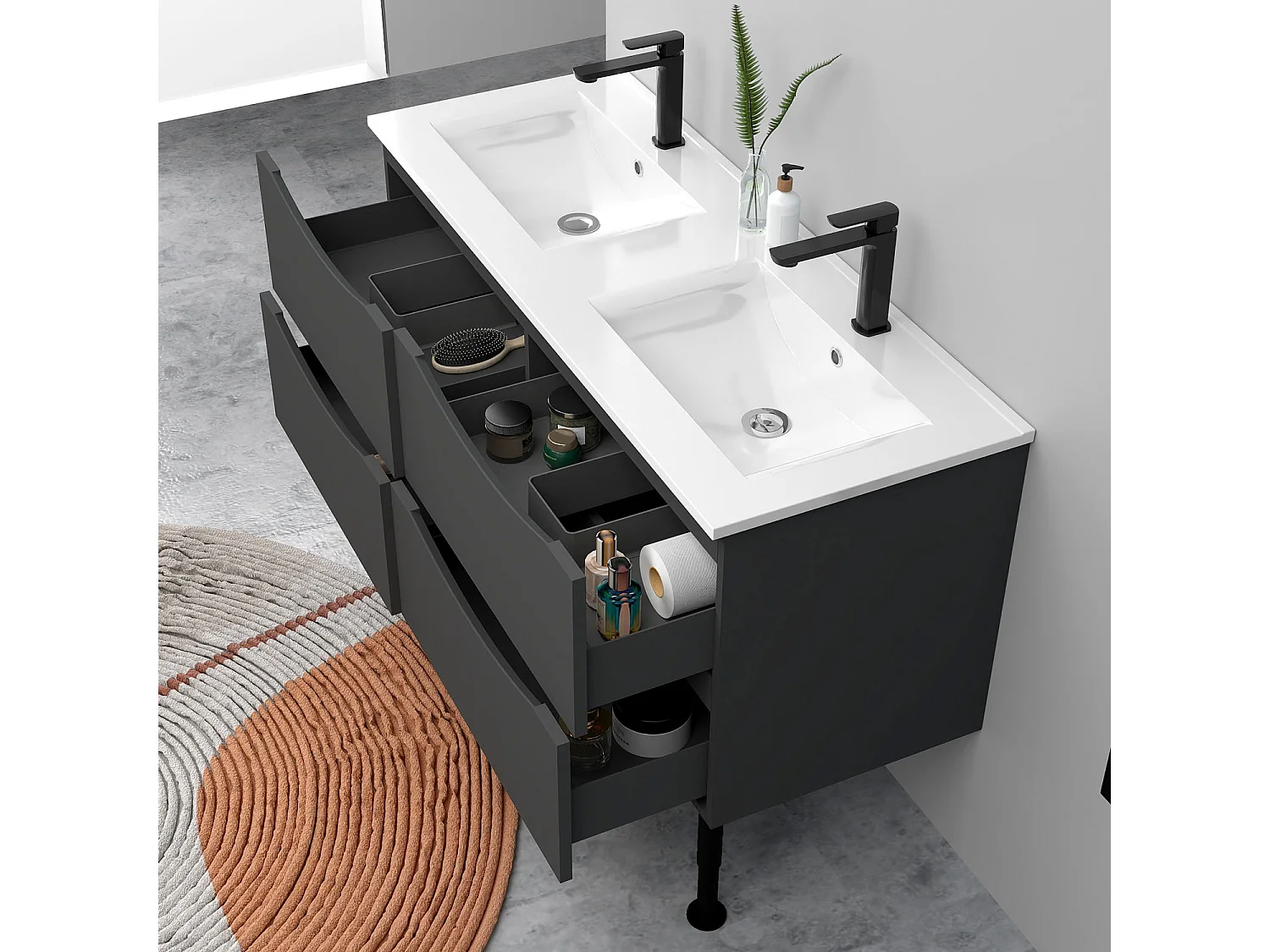 Meuble de salle de bain suspendu 120cm avec pieds + double vasque + 4 tiroirs, Anthracite