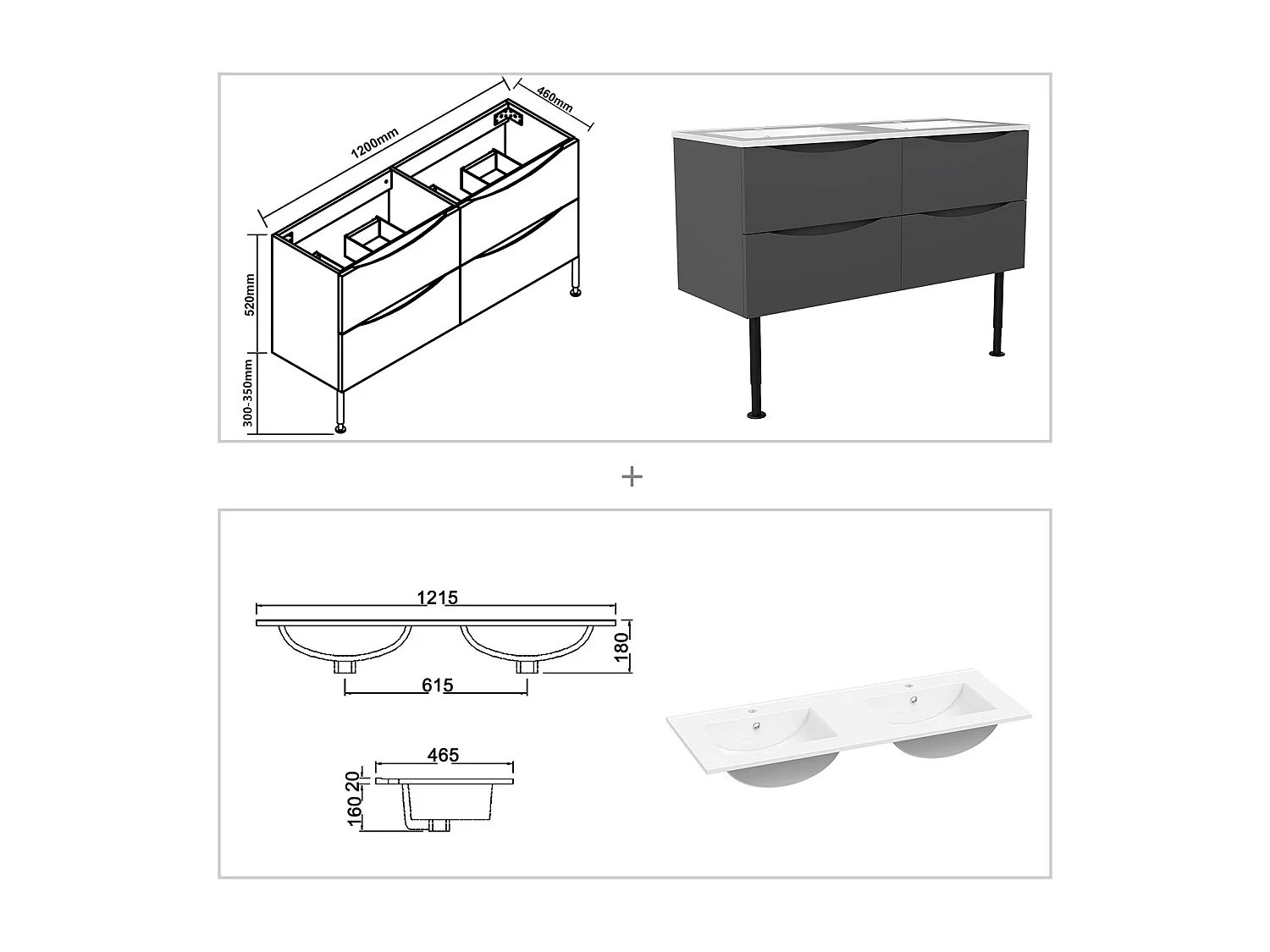 Meuble de salle de bain suspendu 120cm avec pieds + double vasque + 4 tiroirs, Anthracite