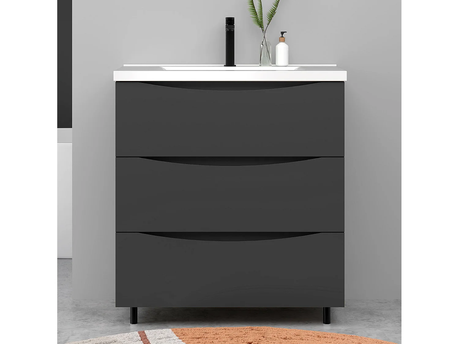 Meuble de salle de bain suspendu 80cm avec simple vasque + 3 tiroirs, Anthracite