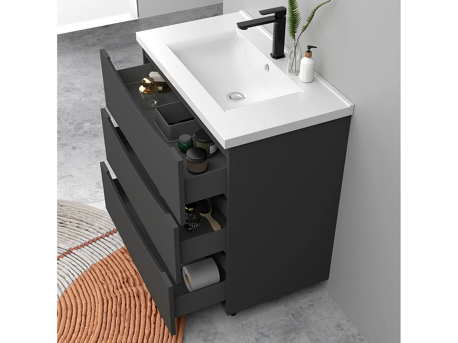 Meuble de salle de bain suspendu 80cm avec simple vasque + 3 tiroirs, Anthracite