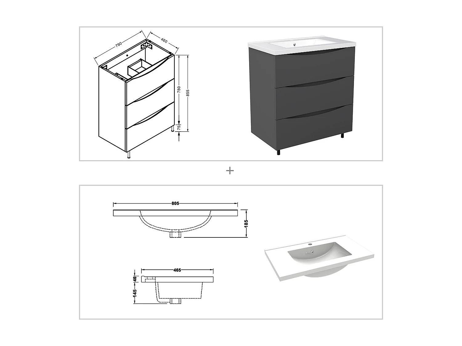 Meuble de salle de bain suspendu 80cm avec simple vasque + 3 tiroirs, Anthracite