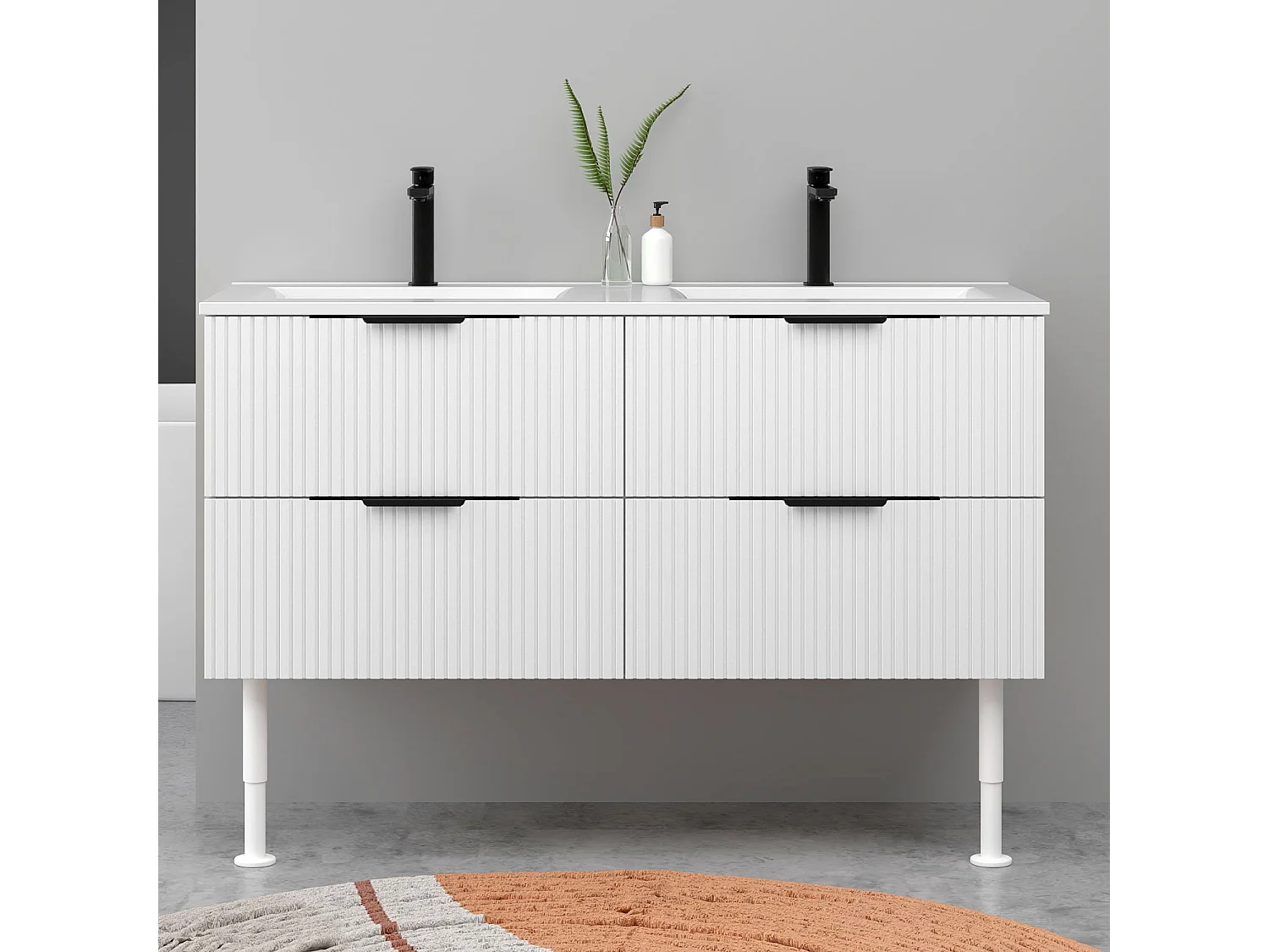 Meuble de salle de bain suspendu Strié 120cm avec pieds +  poignées + double vasque + 4 tiroirs, Blanc