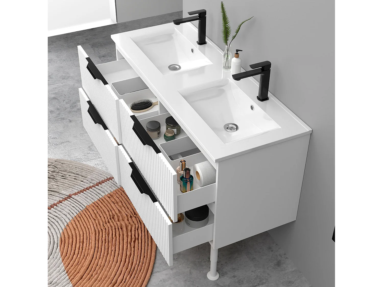 Meuble de salle de bain suspendu Strié 120cm avec pieds +  poignées + double vasque + 4 tiroirs, Blanc