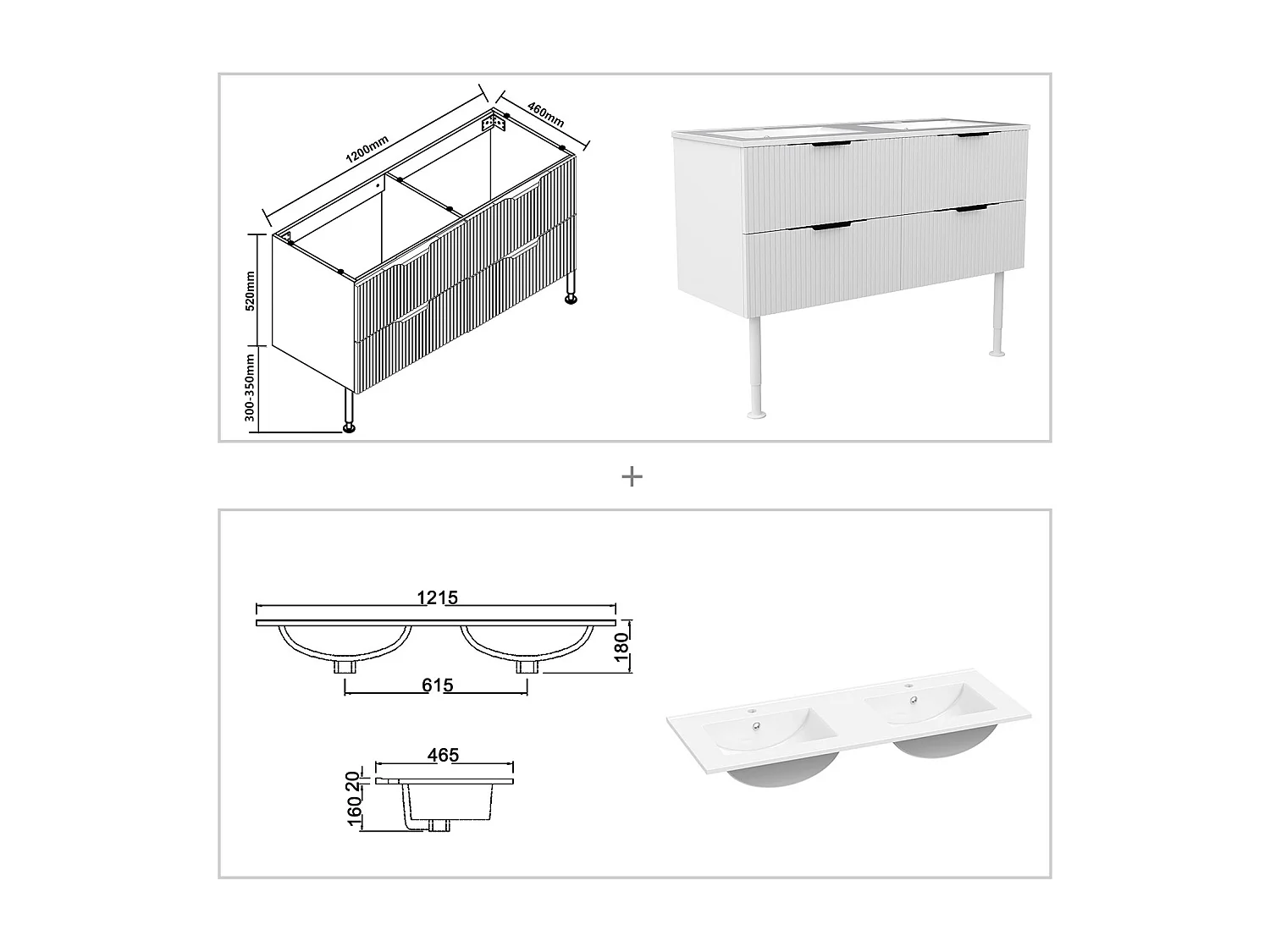 Meuble de salle de bain suspendu Strié 120cm avec pieds +  poignées + double vasque + 4 tiroirs, Blanc