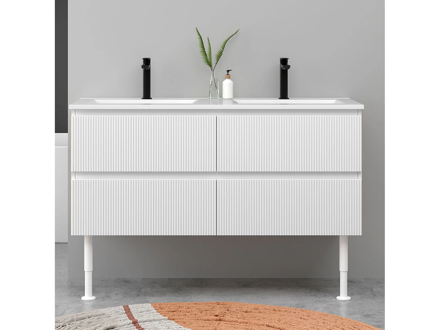 Meuble de salle de bain suspendu Strié 120cm avec pieds + double vasque + 4 tiroirs, Blanc