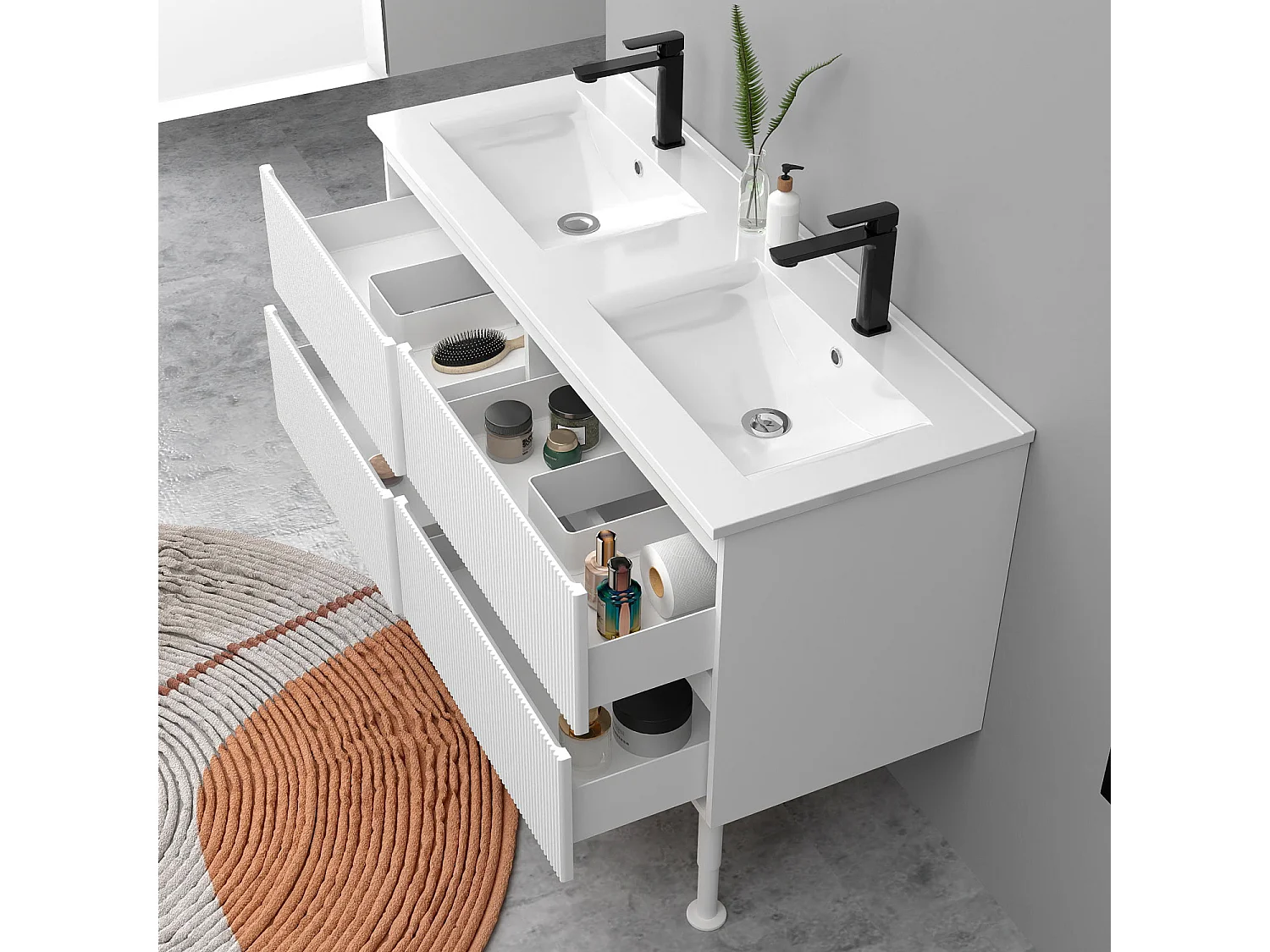 Meuble de salle de bain suspendu Strié 120cm avec pieds + double vasque + 4 tiroirs, Blanc