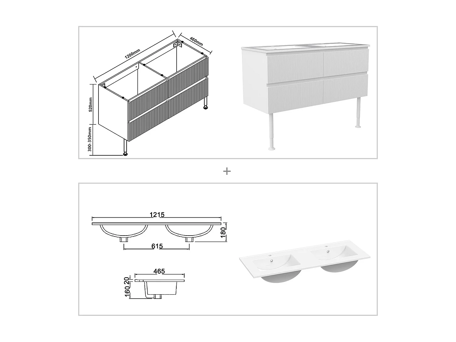 Meuble de salle de bain suspendu Strié 120cm avec pieds + double vasque + 4 tiroirs, Blanc