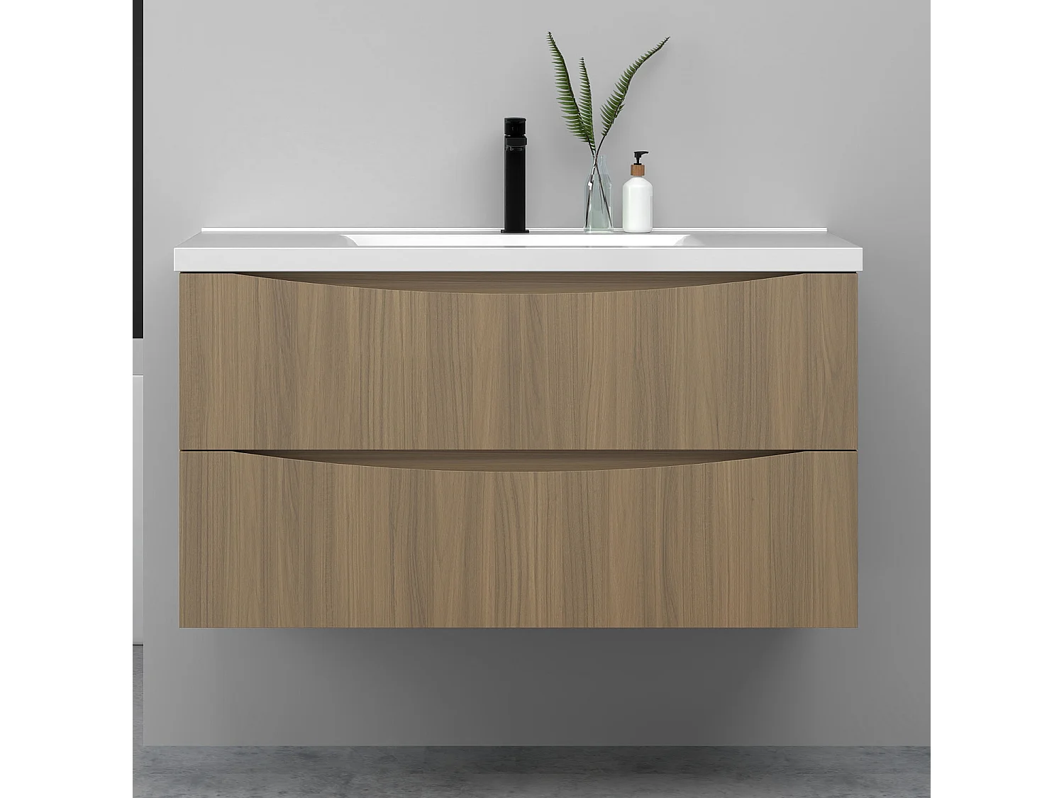 Meuble de salle de bain suspendu 100cm avec simple vasque + 2 tiroirs, Noyer