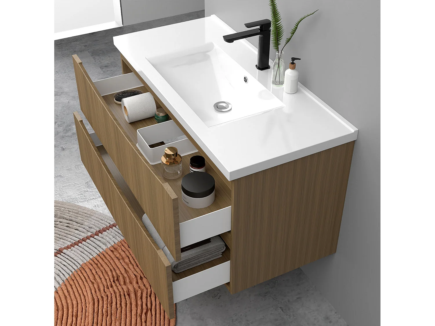 Meuble de salle de bain suspendu 100cm avec simple vasque + 2 tiroirs, Noyer