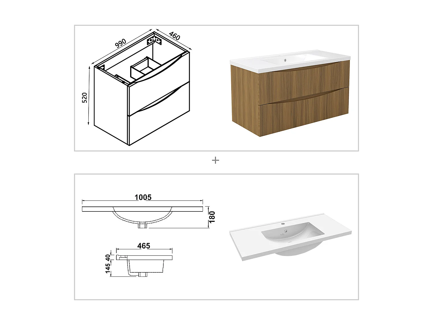 Meuble de salle de bain suspendu 100cm avec simple vasque + 2 tiroirs, Noyer