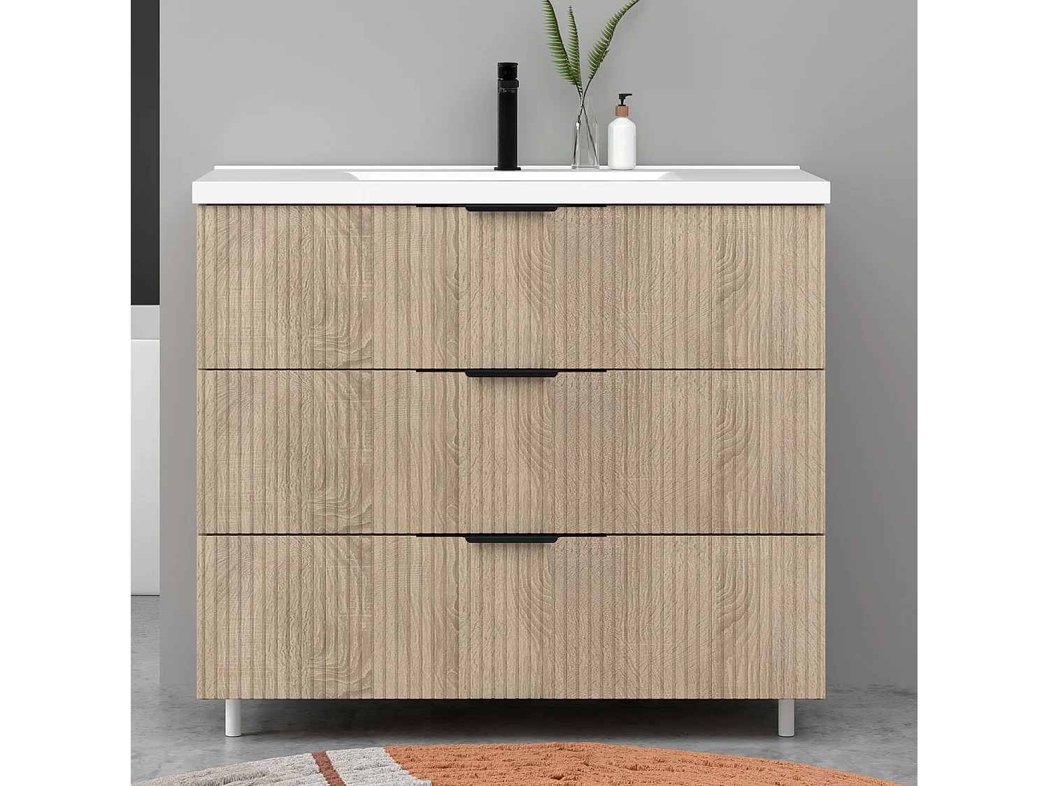 Meuble de salle de bain suspendu Strié 100cm avec poignées + simple vasque + 3 tiroirs, Chêne
