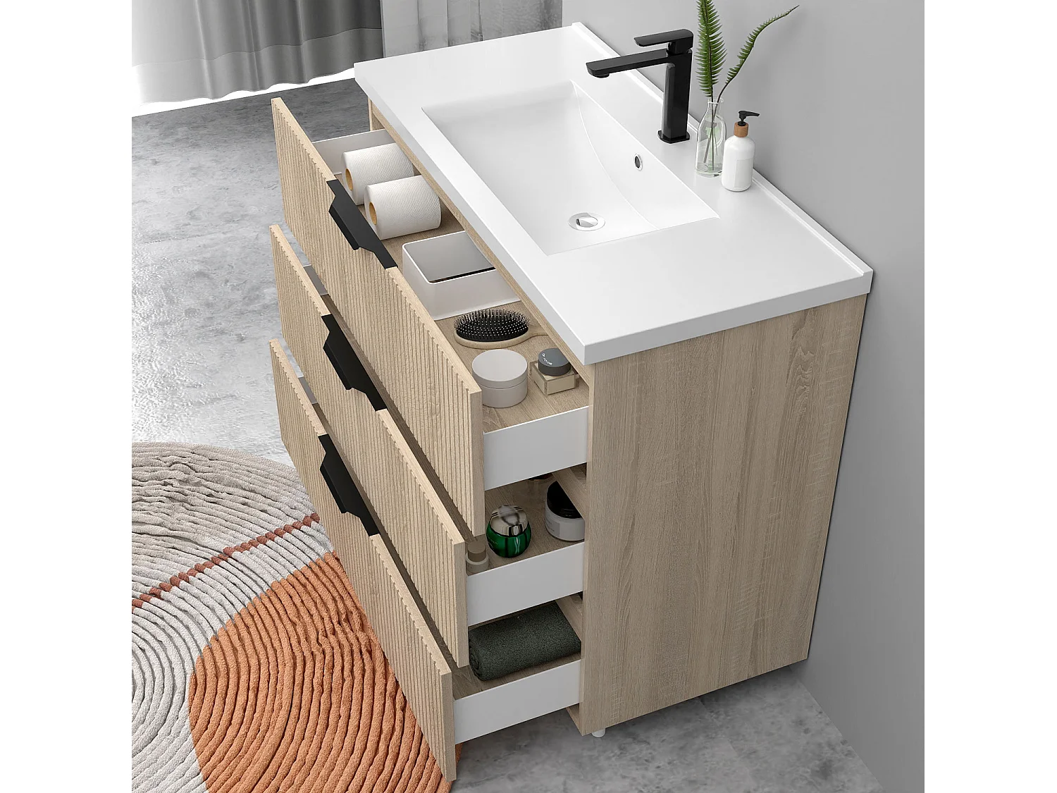 Meuble de salle de bain suspendu Strié 100cm avec poignées + simple vasque + 3 tiroirs, Chêne