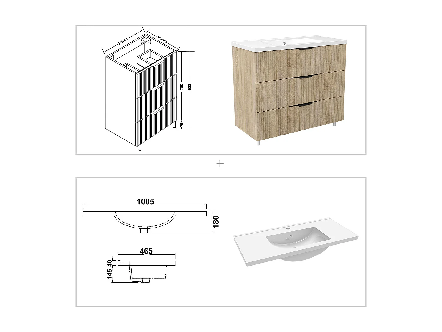 Meuble de salle de bain suspendu Strié 100cm avec poignées + simple vasque + 3 tiroirs, Chêne