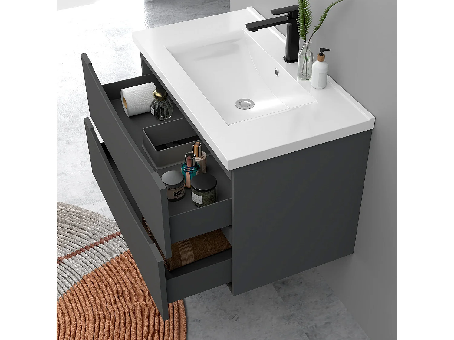 Meuble de salle de bain suspendu 80cm avec simple vasque + 2 tiroirs, Anthracite
