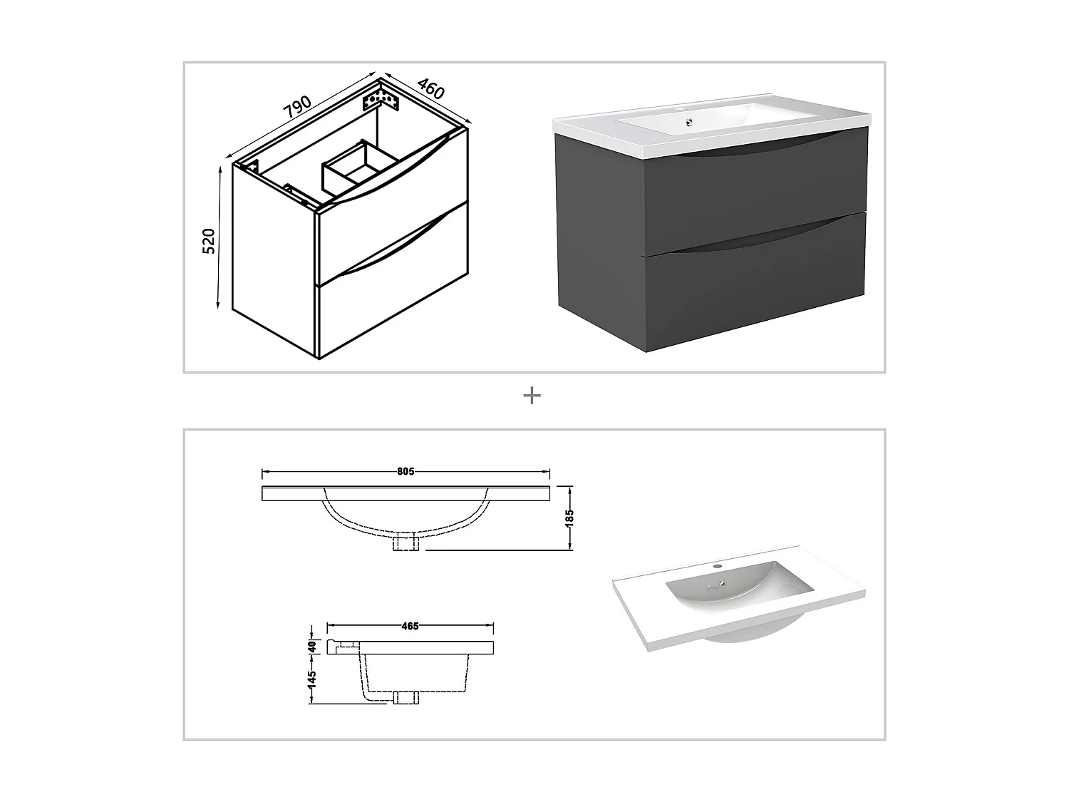 Meuble de salle de bain suspendu 80cm avec simple vasque + 2 tiroirs, Anthracite