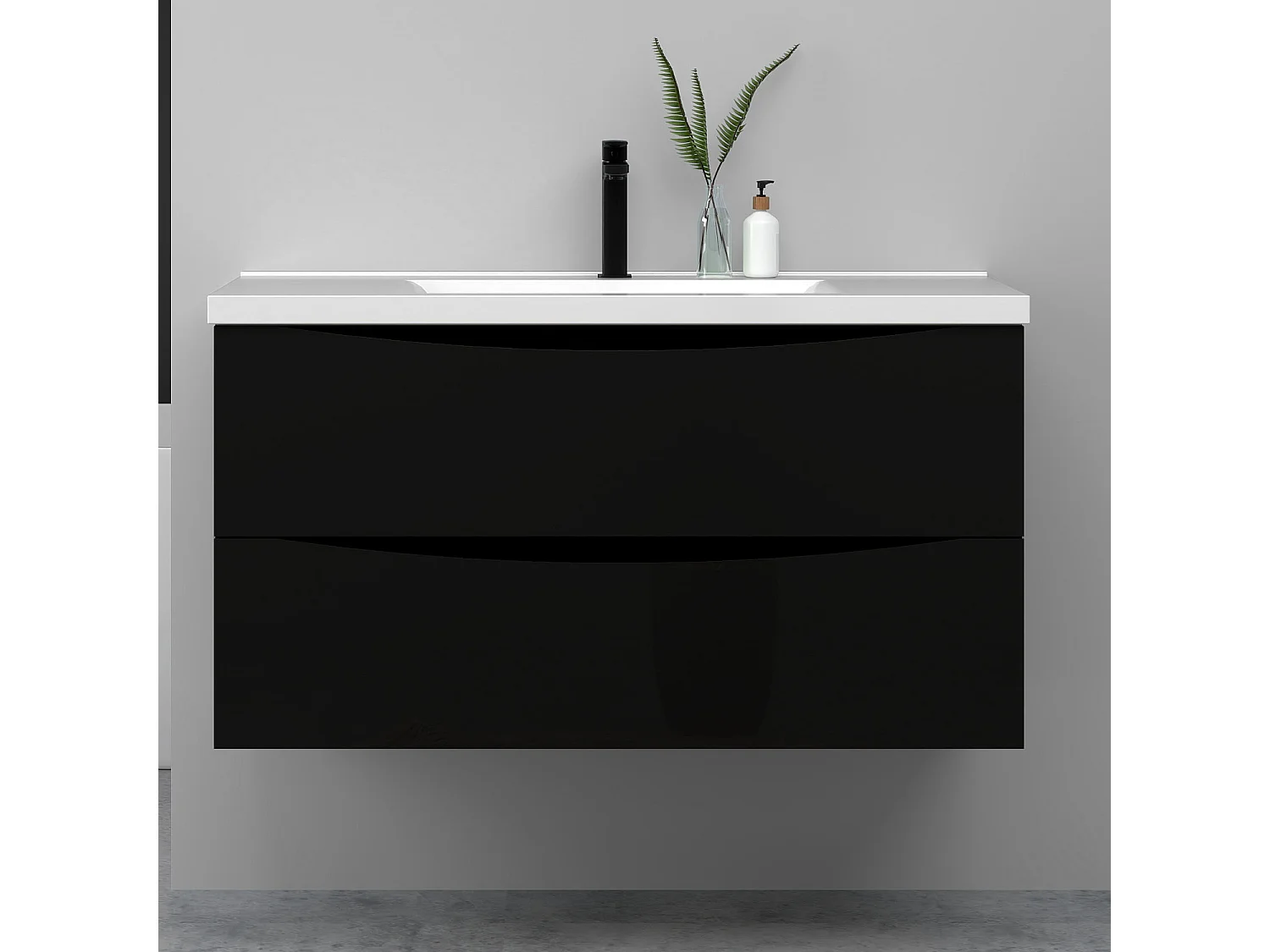 Meuble de salle de bain suspendu 100cm avec simple vasque + 2 tiroirs, Noir