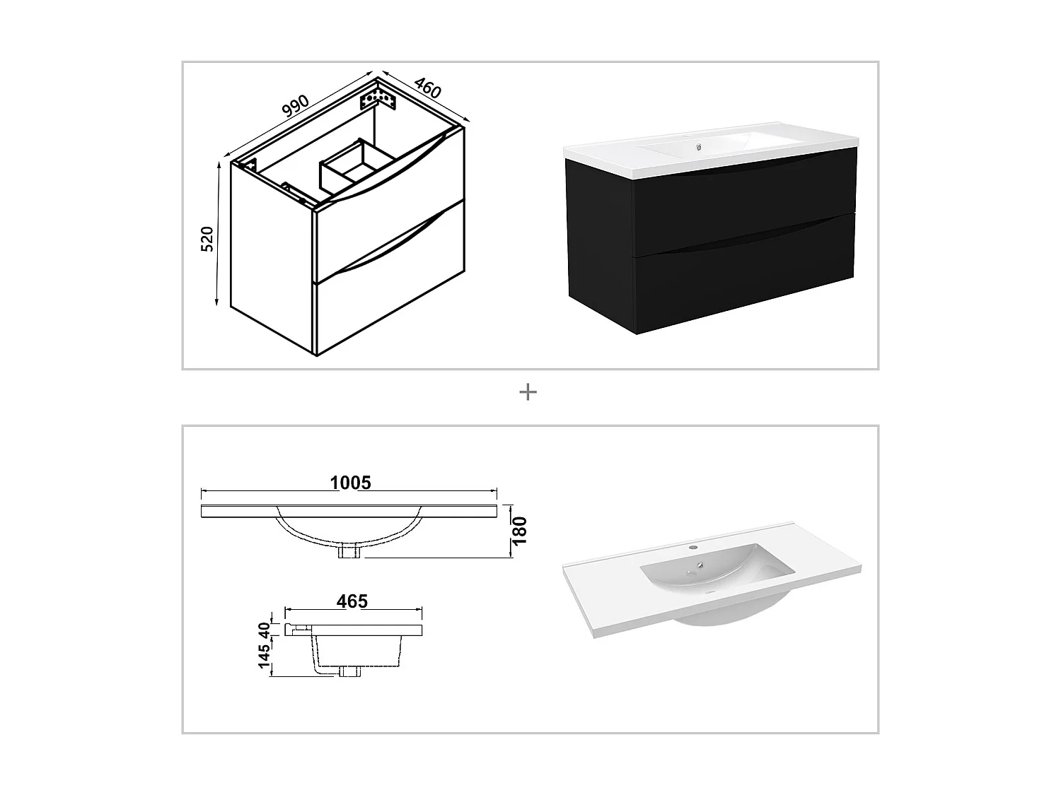 Meuble de salle de bain suspendu 100cm avec simple vasque + 2 tiroirs, Noir