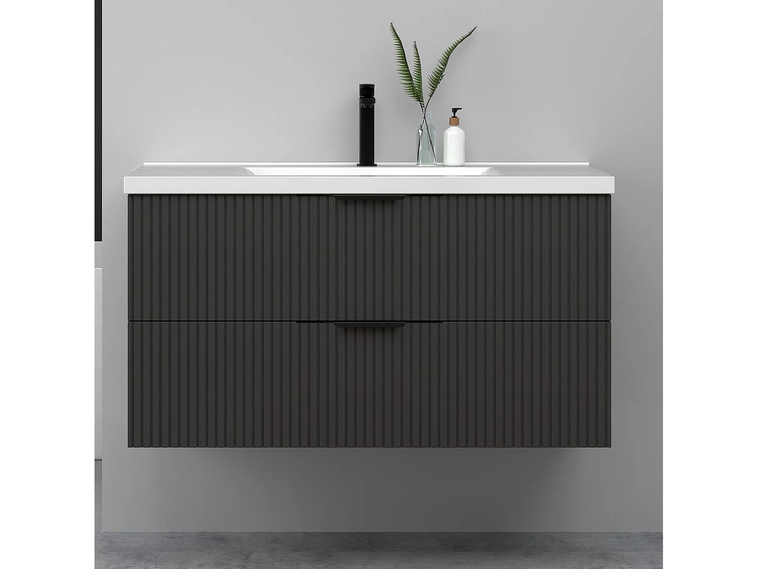 Meuble de salle de bain suspendu Strié 100cm avec poignées + simple vasque + 2 tiroirs, Anthracite