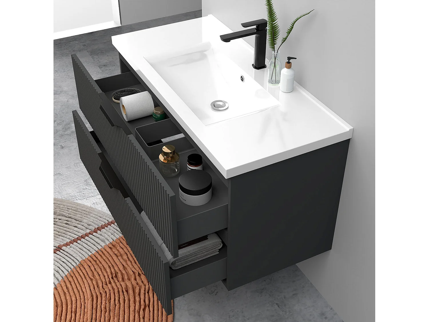 Meuble de salle de bain suspendu Strié 100cm avec poignées + simple vasque + 2 tiroirs, Anthracite