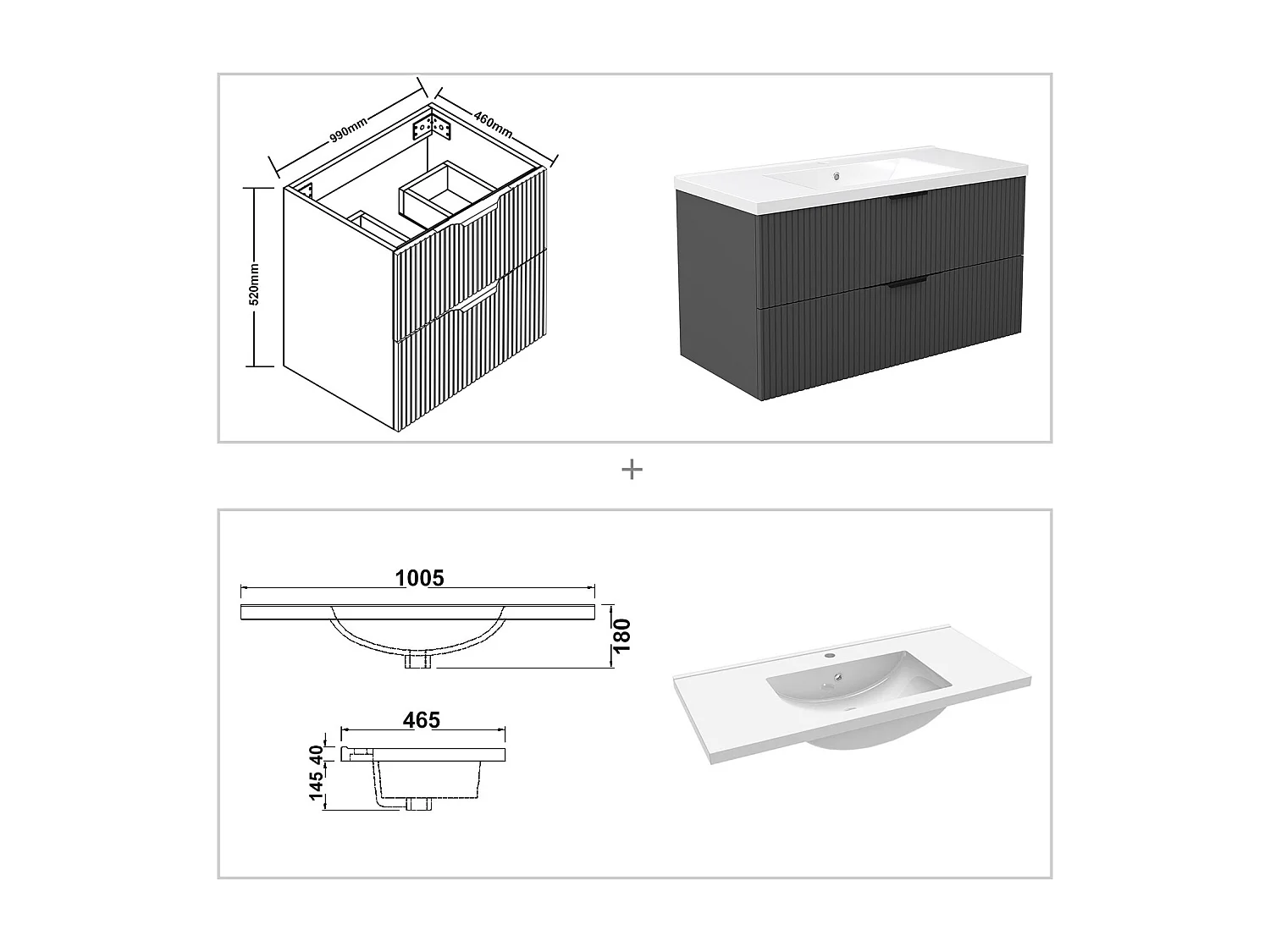 Meuble de salle de bain suspendu Strié 100cm avec poignées + simple vasque + 2 tiroirs, Anthracite