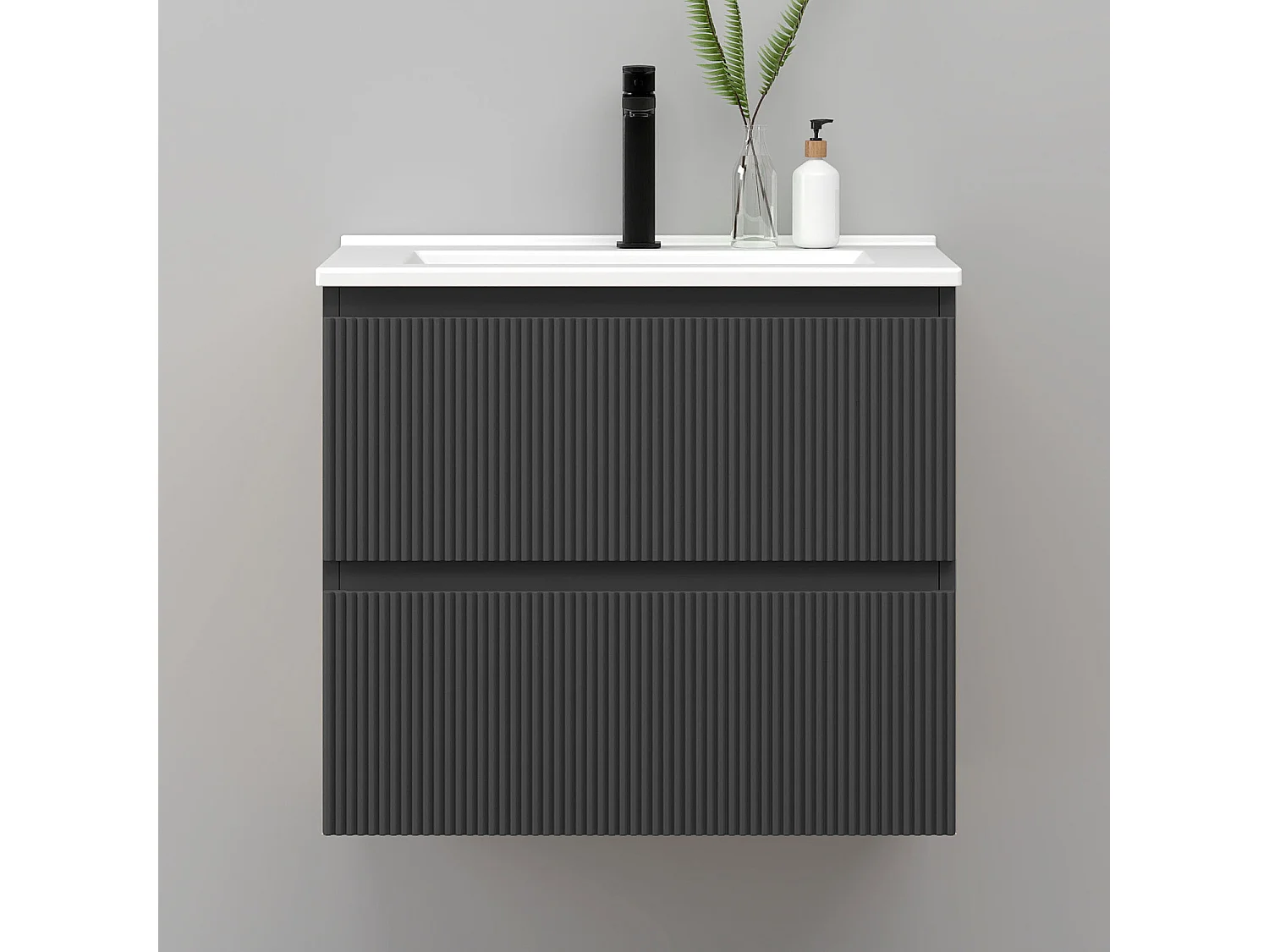 Meuble de salle de bain suspendu Strié 60cm avec simple vasque + 2 tiroirs, Anthracite