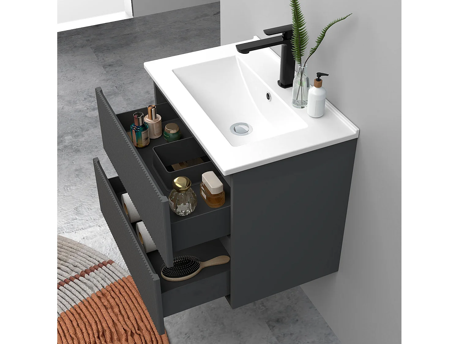 Meuble de salle de bain suspendu Strié 60cm avec simple vasque + 2 tiroirs, Anthracite